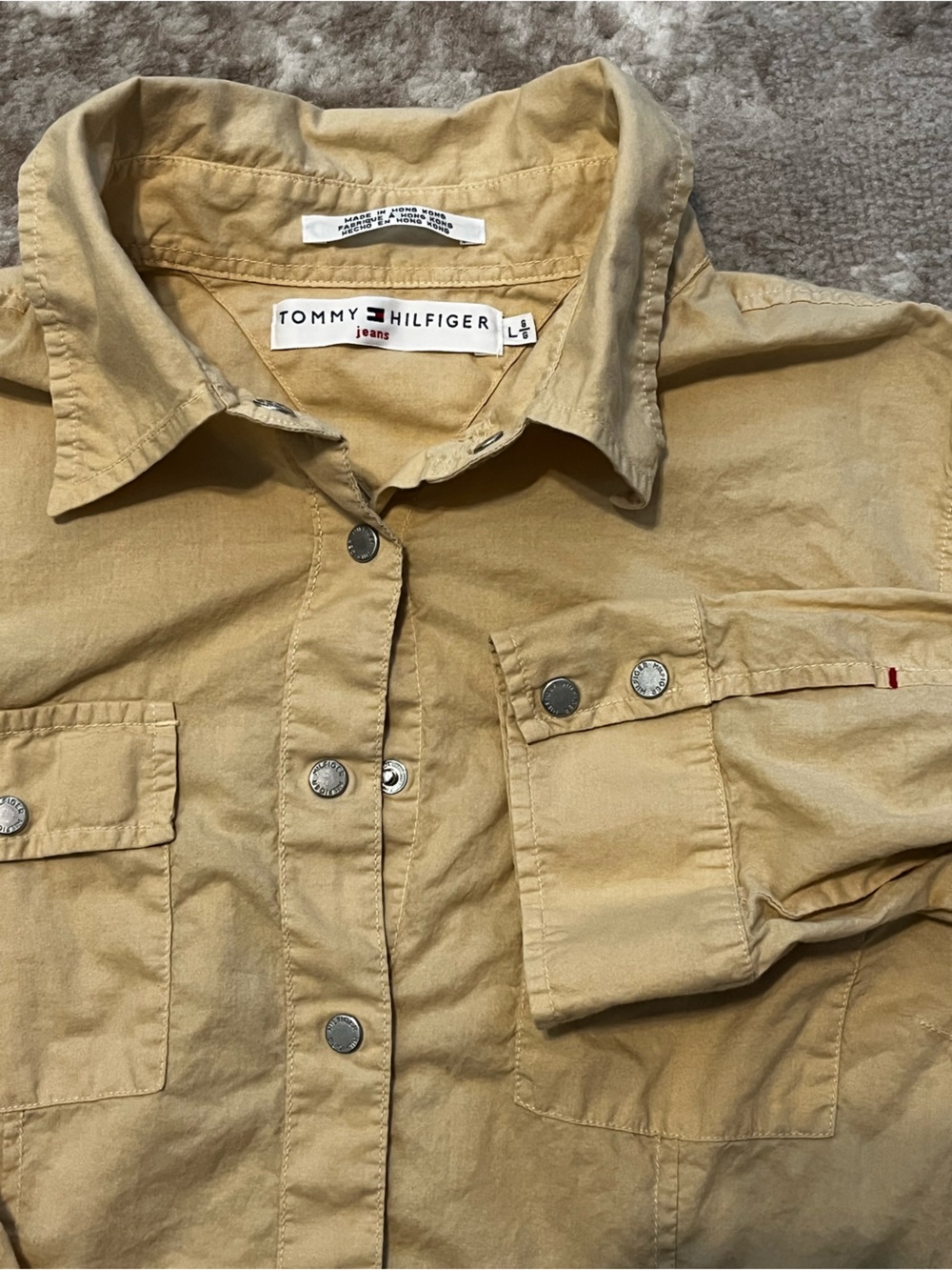 Tommy Jeans Hilfiger Women's Large Khaki Snap Front Shirt Jacket Shacket Utility
